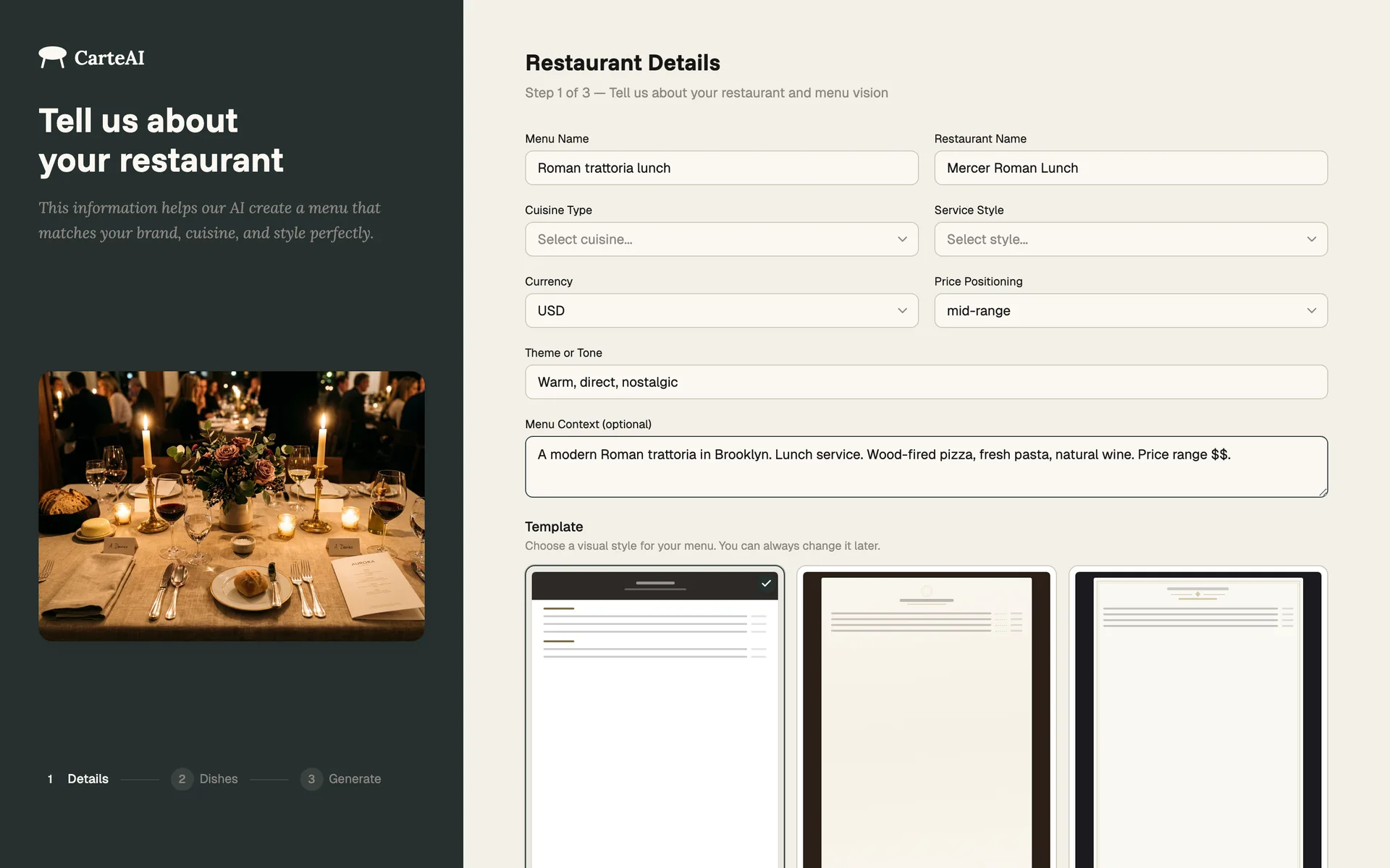 Carte's guided brief — restaurant details with cuisine, tone, and template picker