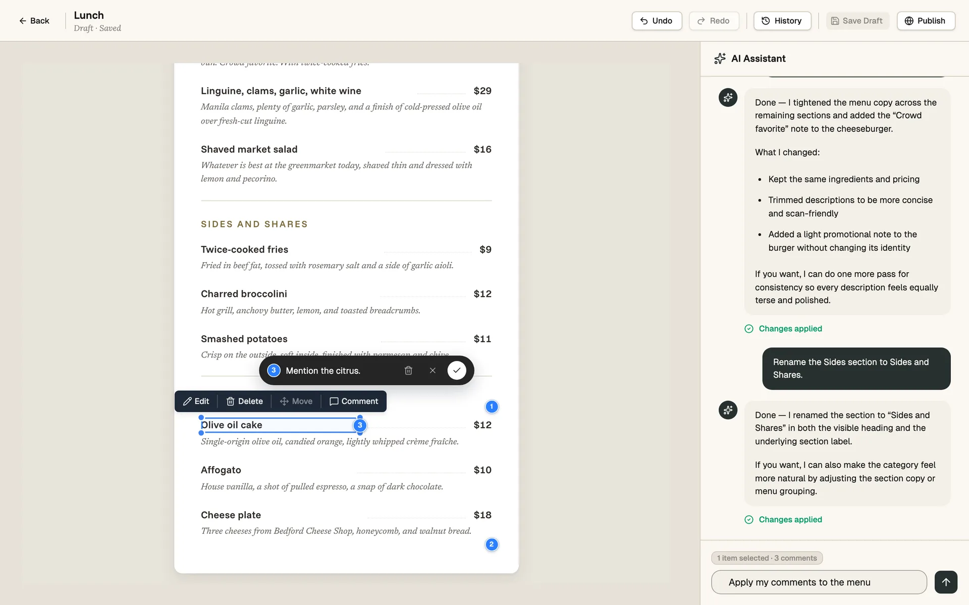 Carte editor with three numbered blue comment pins on menu items, an inline comment input open, and the chat composer staged with 'Apply my comments to the menu'