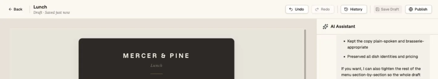 Carte editor's top bar — back button, menu title, 'Draft · Saved' status, Undo / Redo / History / Save Draft / Publish actions