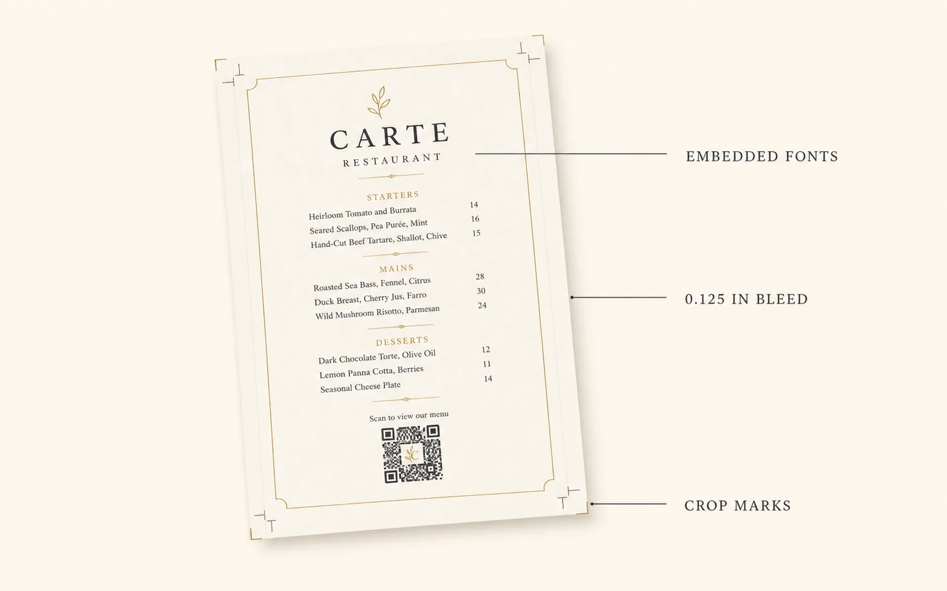 A Carte menu PDF page with thin annotation lines pointing to three labels: embedded fonts, bleed margin, and crop marks