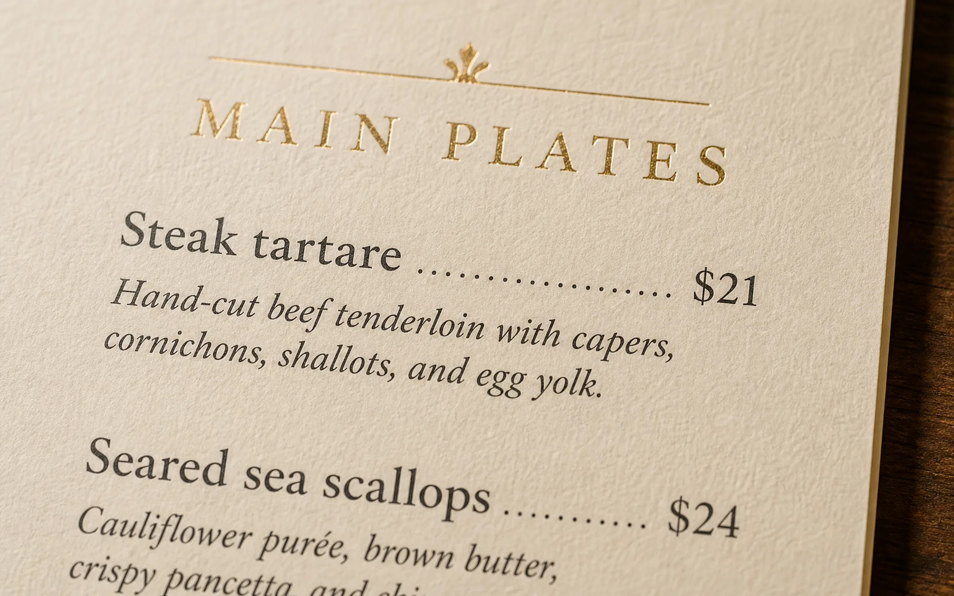 Macro close-up of a printed Carte menu showing a Main Plates section header, two dish rows with name + price separated by a dotted leader, and italic descriptions