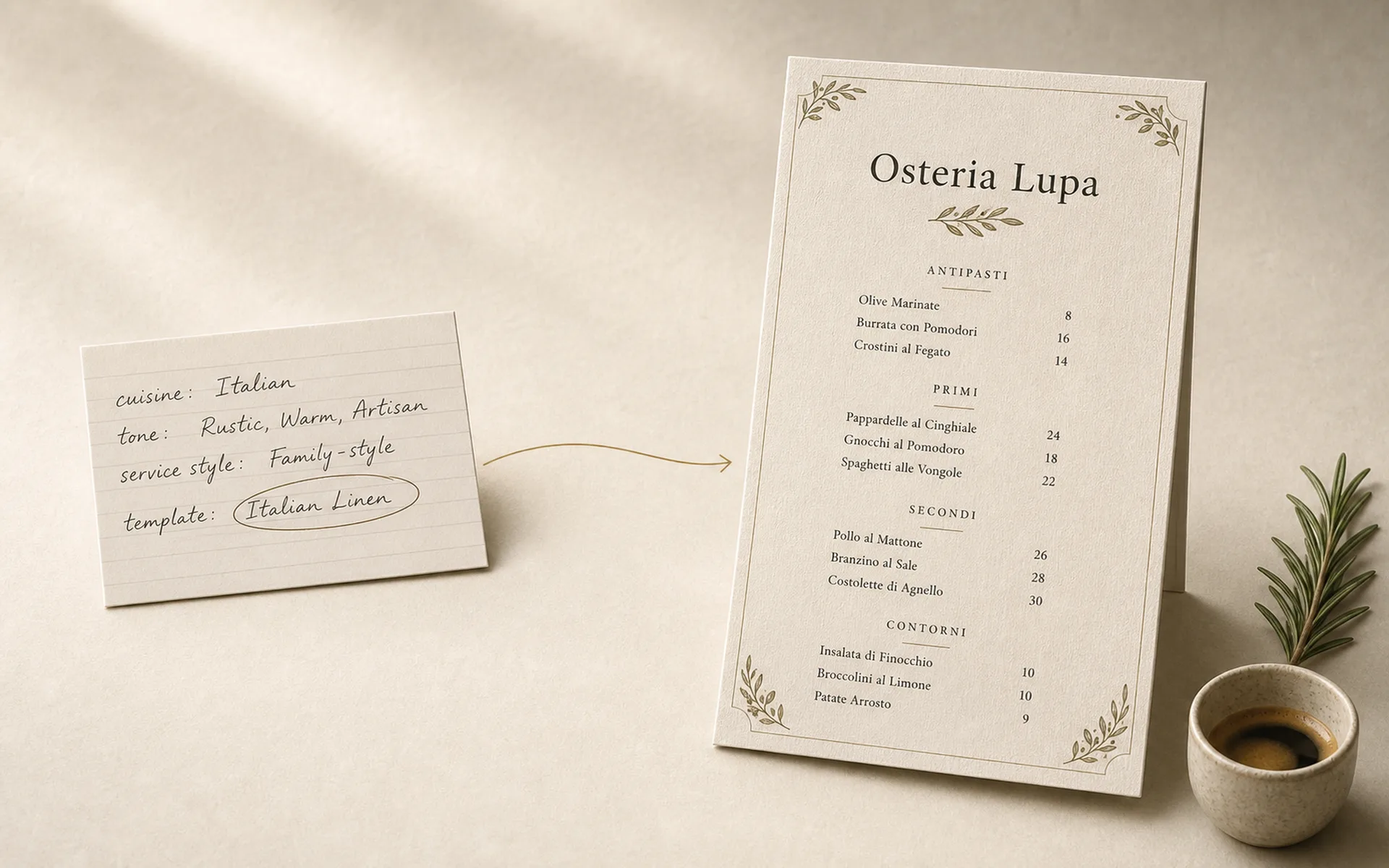 A handwritten brief card with cuisine, tone, and template notes, connected by a thin gold line to a finished printed Carte menu propped against an espresso cup