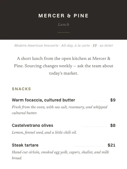 Classic template — masthead and design direction of a Carte menu in this style