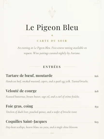 French Cotton template — masthead and design direction of a Carte menu in this style