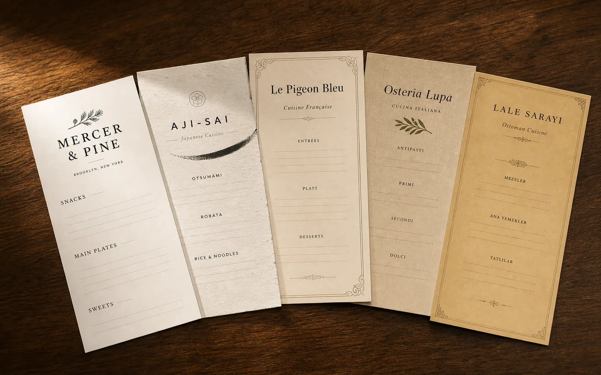 Five Carte menu cards fanned out on warm walnut wood — Classic, Japanese Washi, French Cotton, Italian Linen, Ottoman Parchment — each in its own design direction