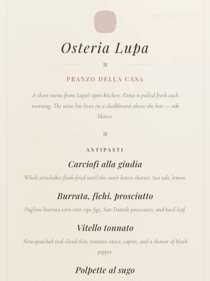 Italian Linen template — masthead and design direction of a Carte menu in this style