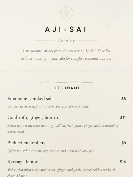 Japanese Washi template — masthead and design direction of a Carte menu in this style