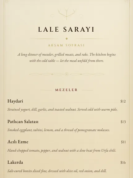 Ottoman Parchment template — masthead and design direction of a Carte menu in this style