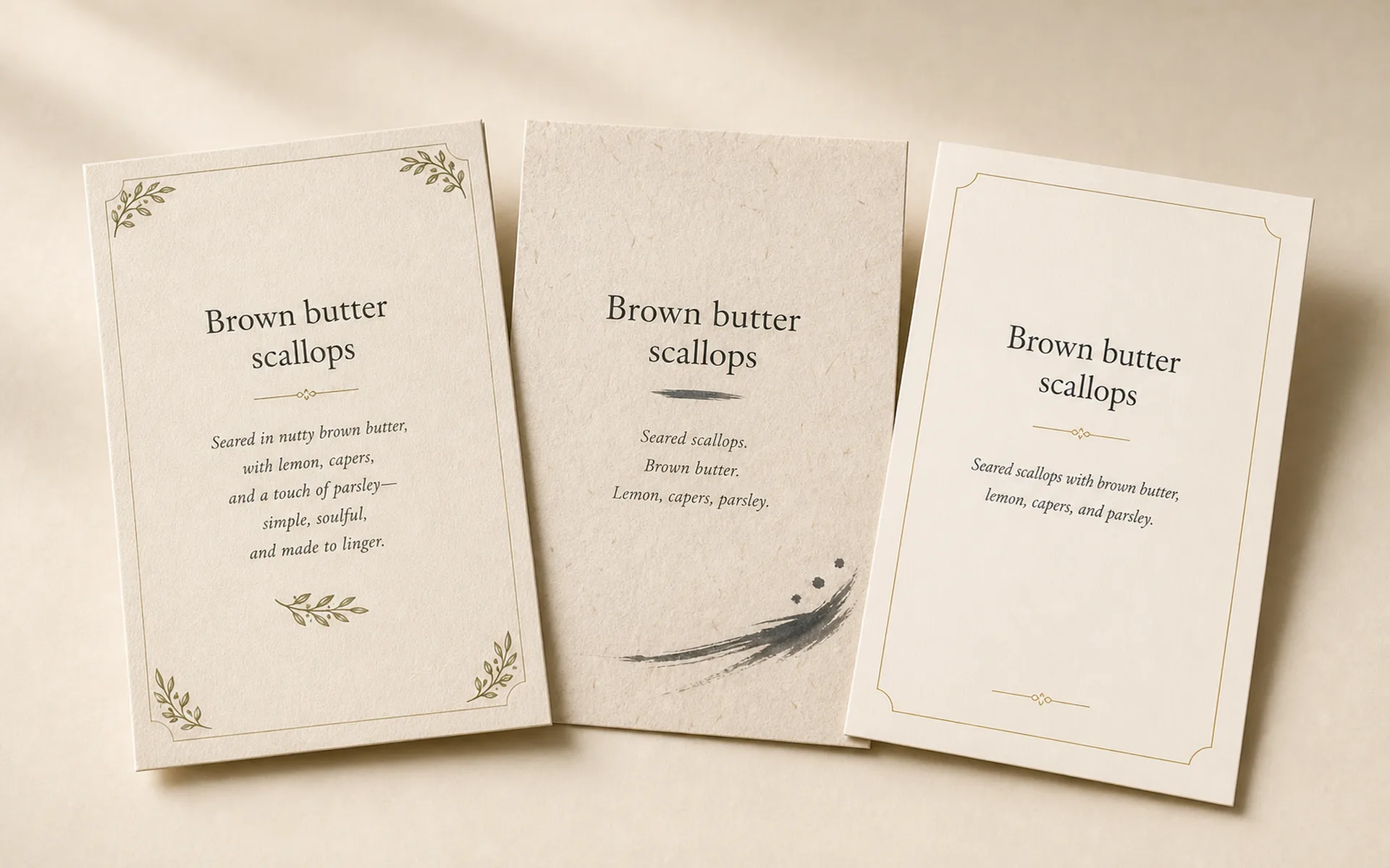 Three Carte menu cards side by side — the same dish 'Brown butter scallops' written in three different template voices: Italian Linen, Japanese Washi, and Classic