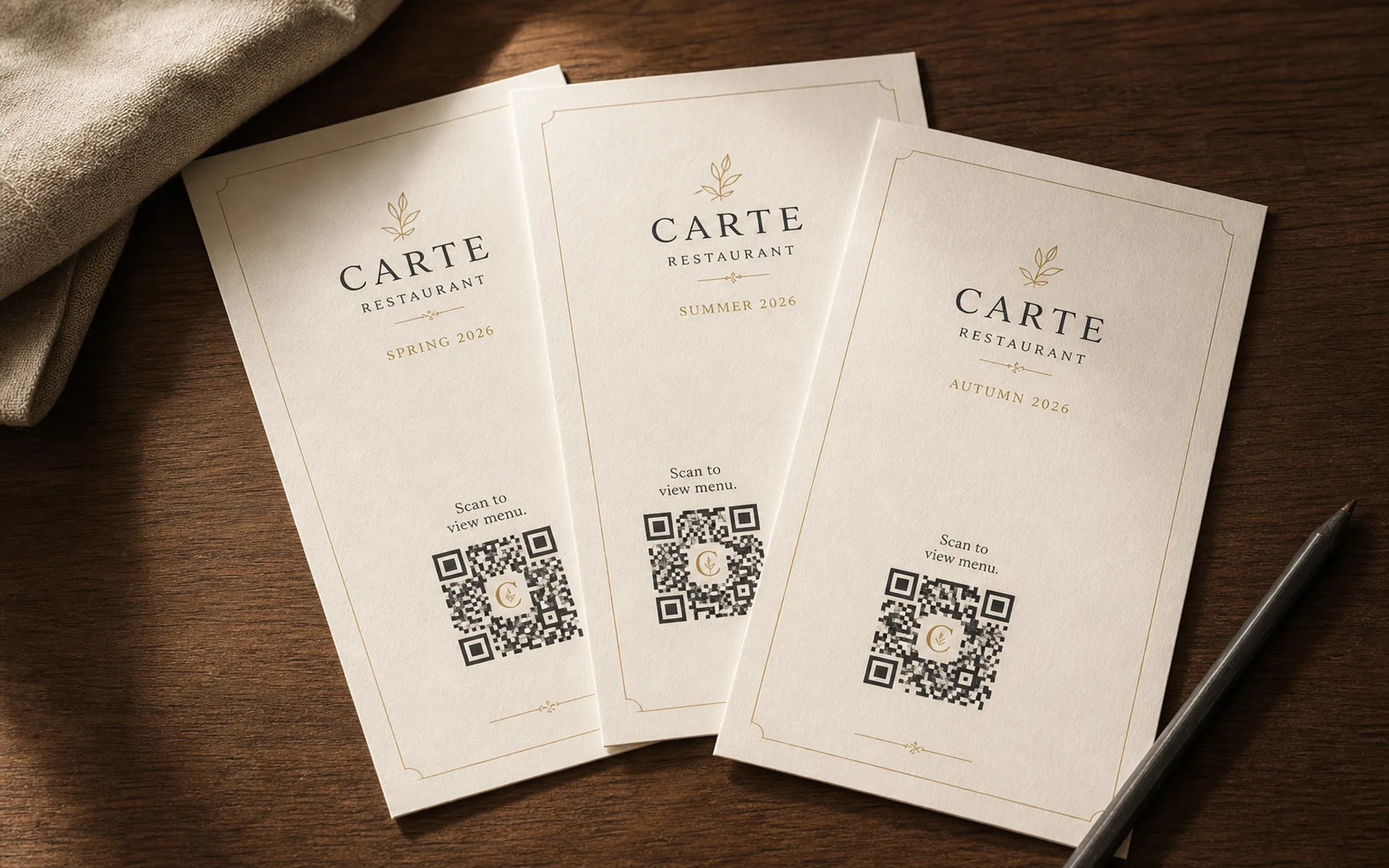 Three printed Carte menu editions fanned on a warm walnut desk, each dated Spring / Summer / Autumn with its own QR code