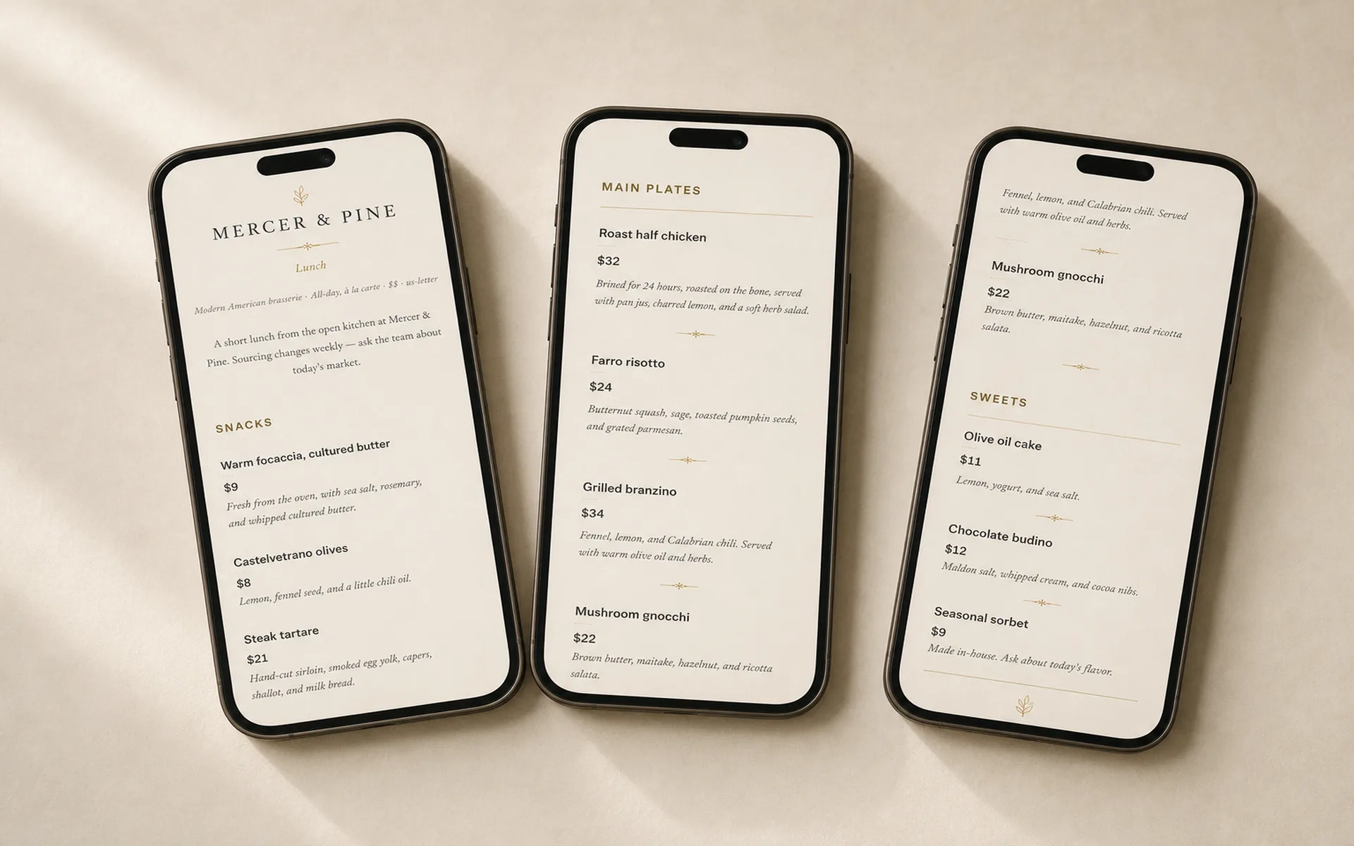 Three iPhone-shape phones arranged side by side on cream paper, each showing a different scroll position of the same Carte menu