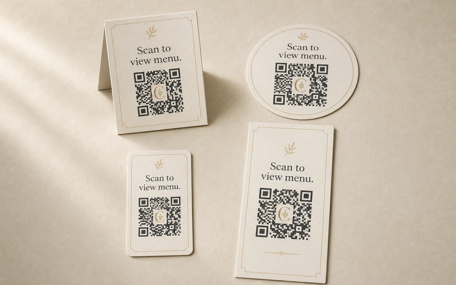 Four Carte QR card formats arranged in a 2×2 grid on cream paper — a triangular table tent, a round window decal, a slim takeout slip, and a tall bedside hotel-room card