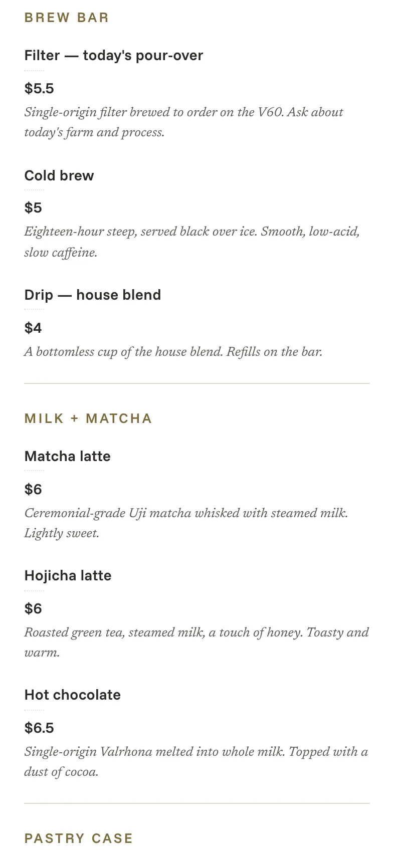 Pollen & Press cafe menu on a phone — Brew Bar, Milk + Matcha, and Pastry Case sections