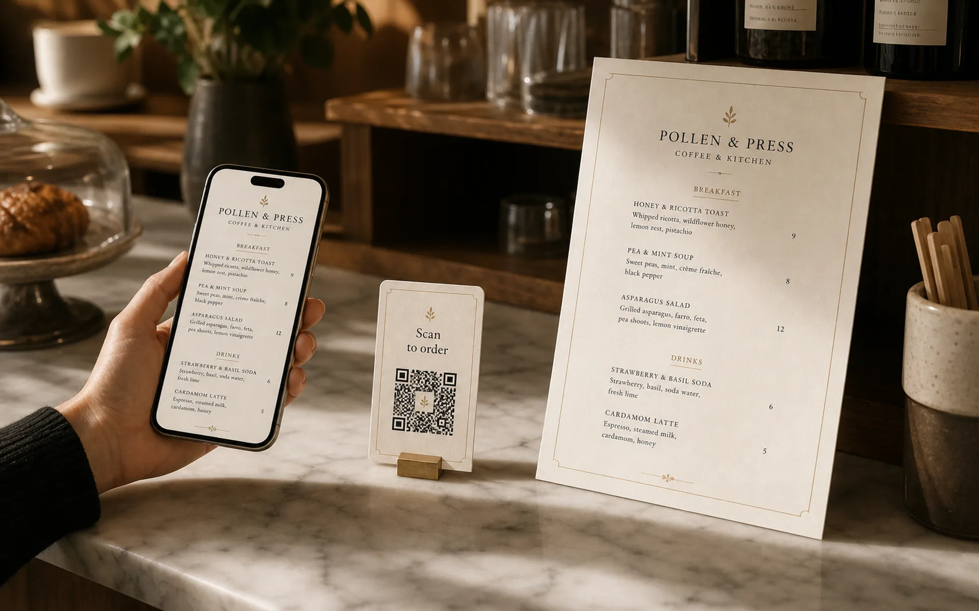 A specialty cafe counter showing the same Pollen & Press menu in three formats simultaneously: a phone in a hand, a QR card propped on the marble counter, and a printed menu sheet on the back-counter shelf