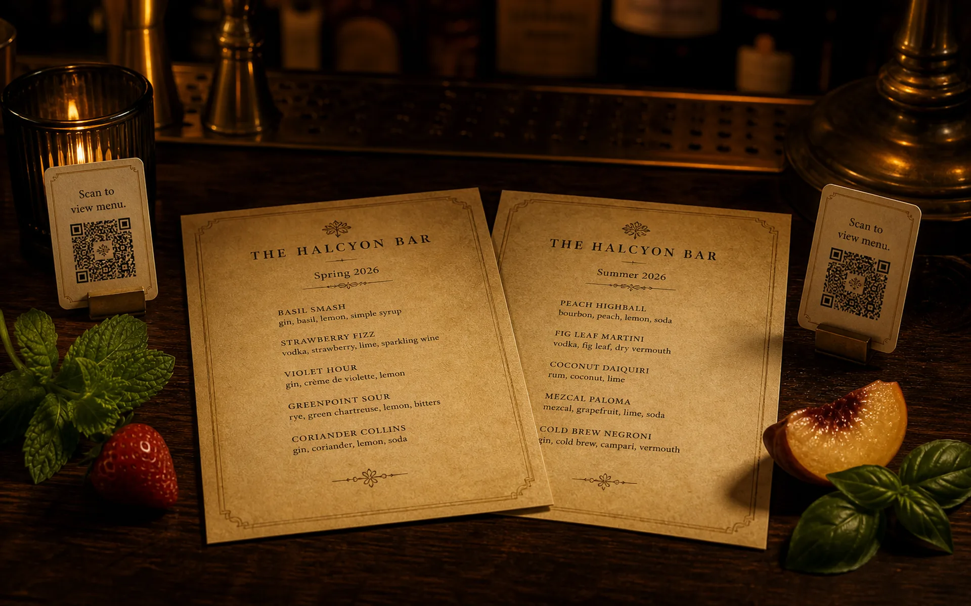 Two printed Halcyon Bar cocktail menu editions side by side on a dark walnut bar — Spring 2026 and Summer 2026 — each with its own QR card and seasonal accents under warm tungsten light