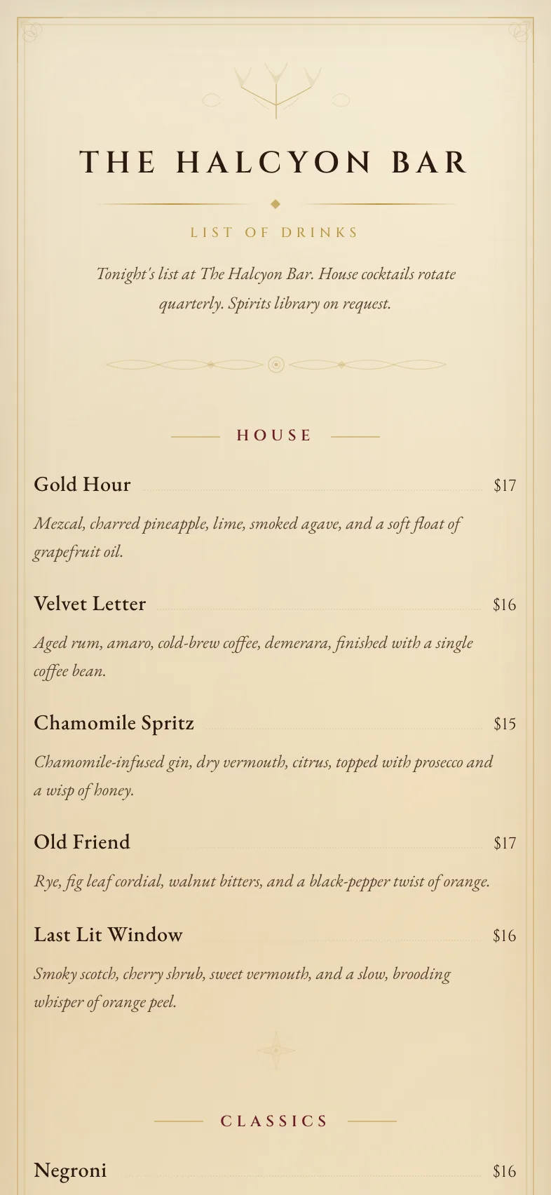 The Halcyon Bar cocktail menu on a phone — House list with Gold Hour, Velvet Letter, Chamomile Spritz, Old Friend, Last Lit Window