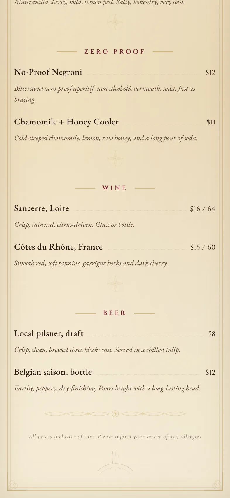 The Halcyon Bar wine and beer sections on a phone — Sancerre and Côtes du Rhône with glass and bottle pricing, plus Belgian saison and local pilsner