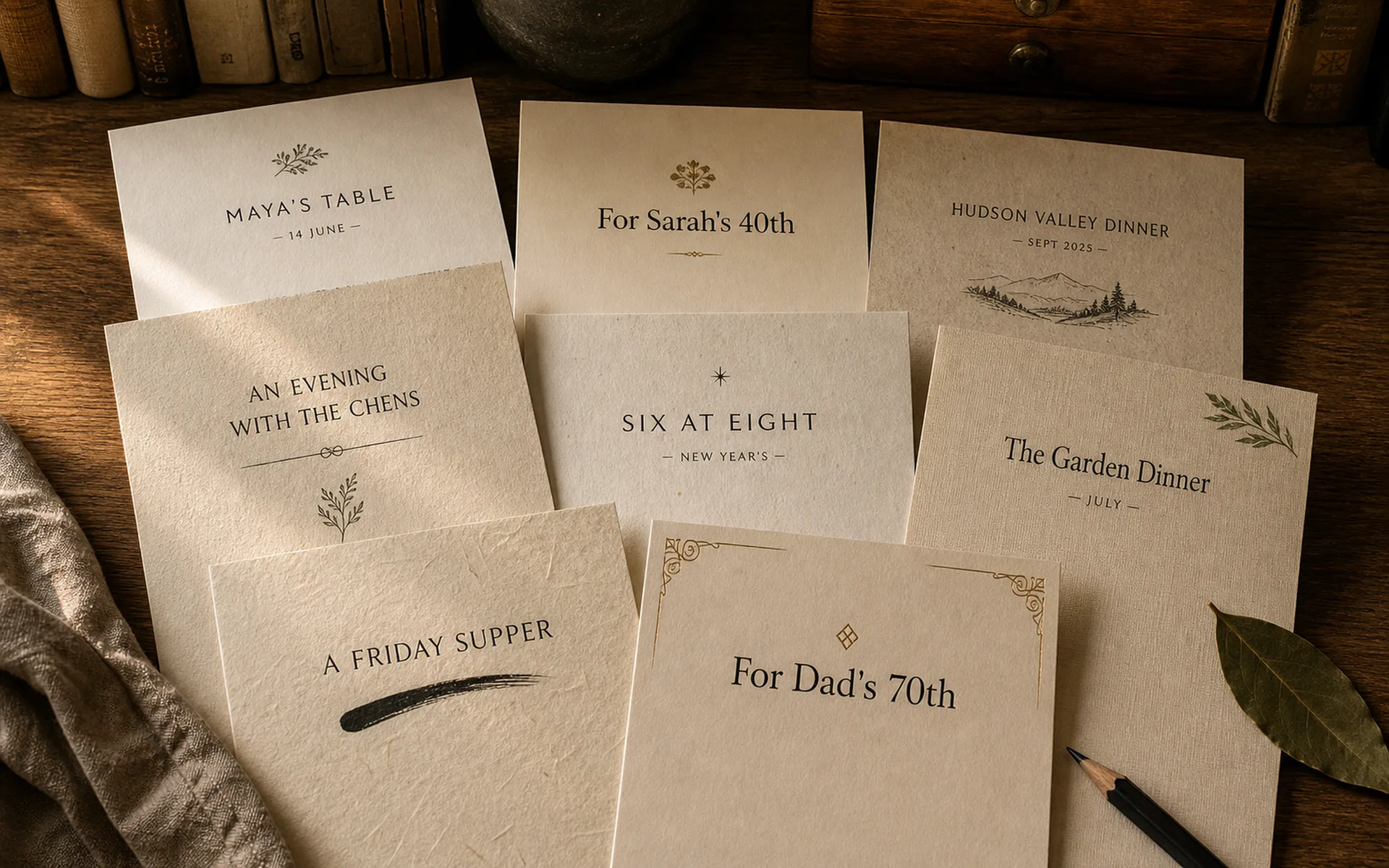 Eight printed Carte menus arranged on a warm walnut surface — varied mastheads across the stack (Maya's Table, For Sarah's 40th, Hudson Valley Dinner, An Evening with the Chens, Six at Eight, The Garden Dinner, A Friday Supper, For Dad's 70th)