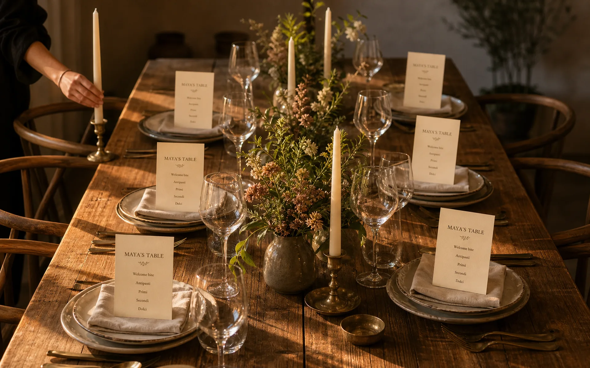 A long wood dining table set for six at golden hour with a printed Carte menu at every place setting