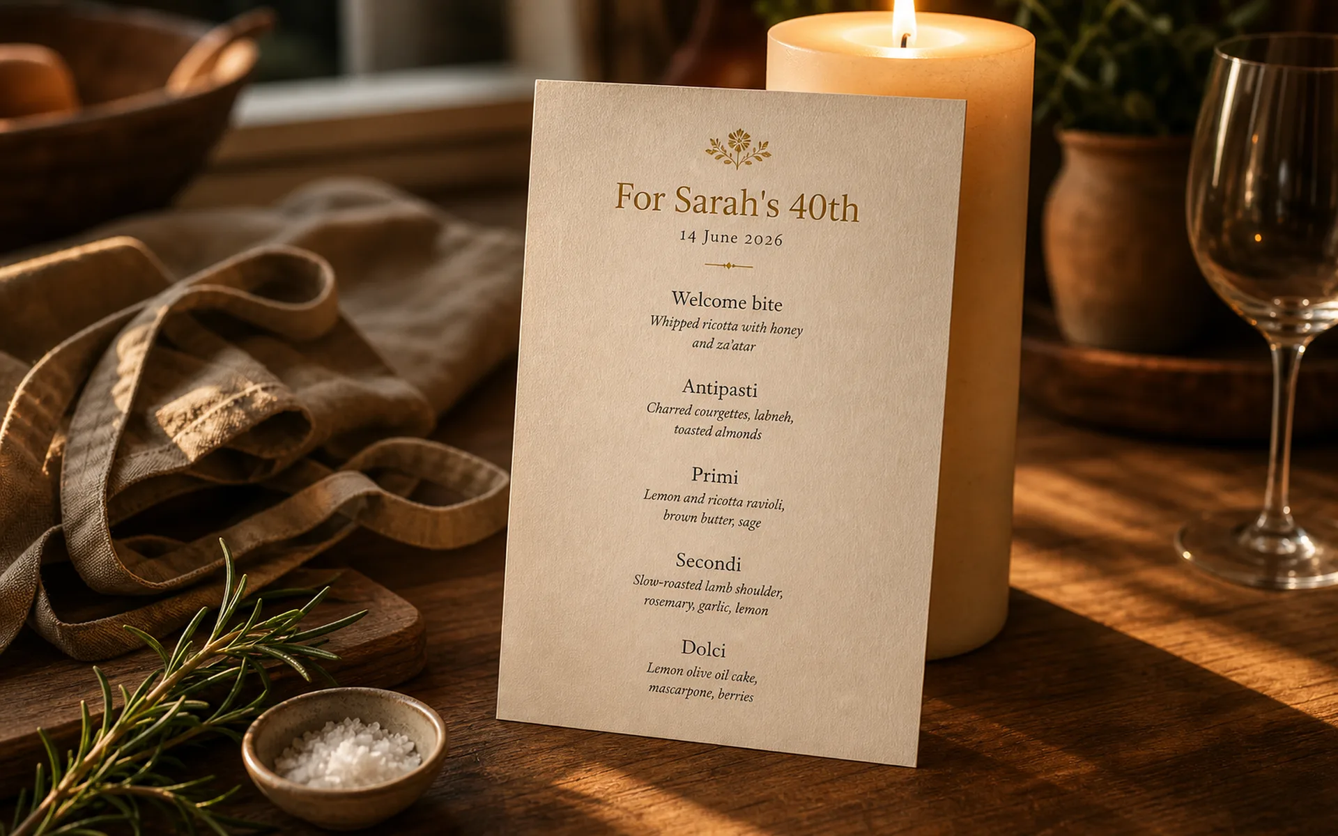 A single printed Carte menu propped against a tall pillar candle on a wooden kitchen counter at golden hour — masthead 'For Sarah's 40th, 14 June 2026' with five course headings beneath