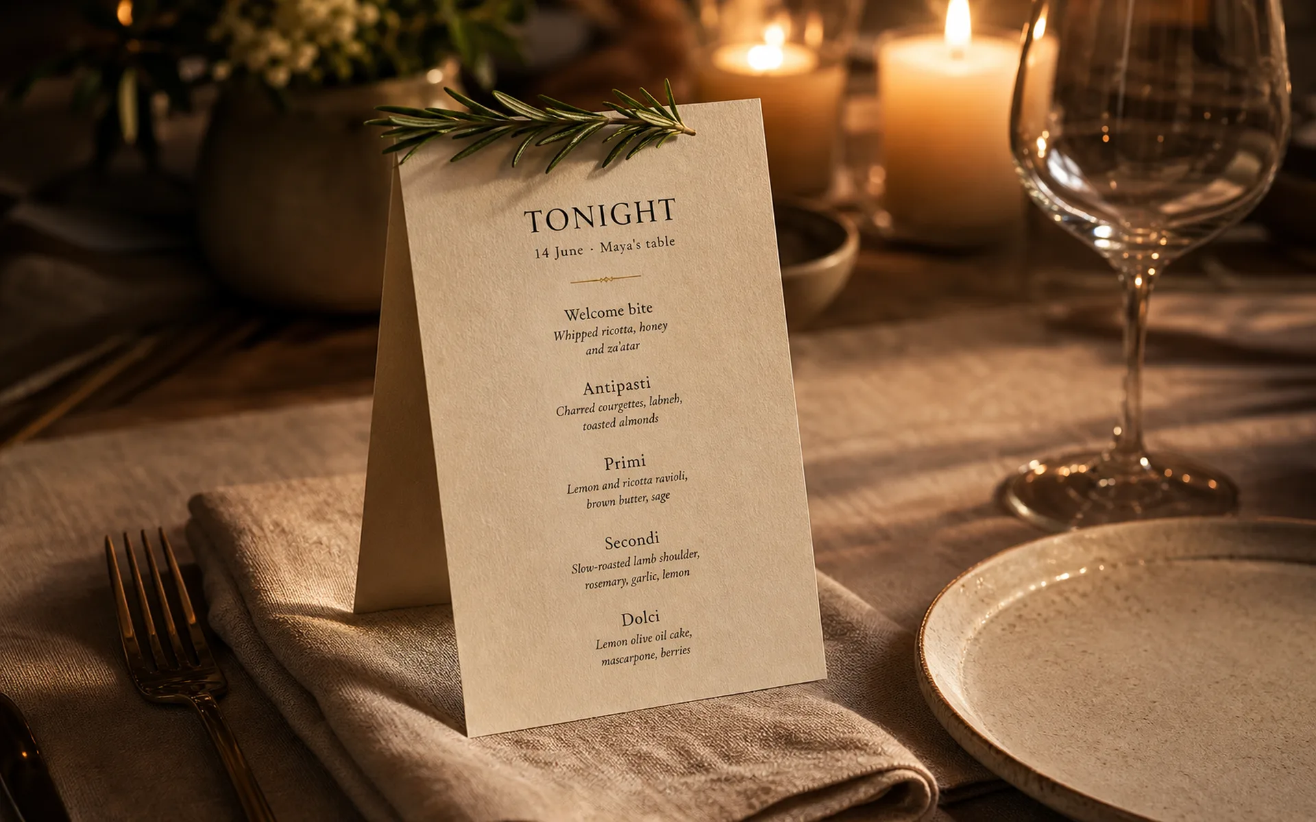 Close crop of one place setting — a folded Carte menu standing on a linen napkin with masthead 'Tonight · 14 June · Maya's table', a single rosemary sprig laid across the top, candles in soft focus behind