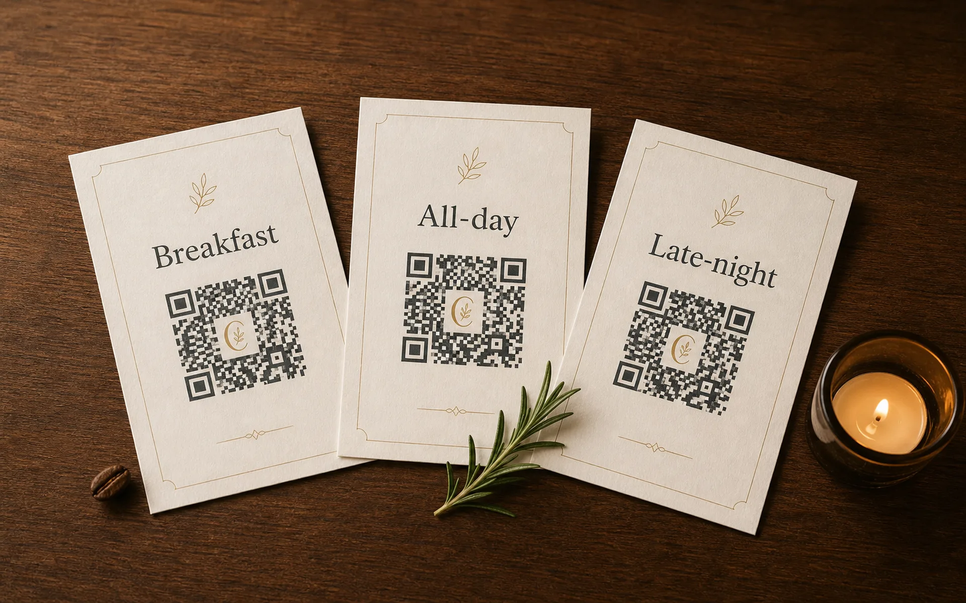 Three printed Hotel Soren QR cards fanned across a warm walnut nightstand — Breakfast, All-day, and Late-night — each with the same brand identity