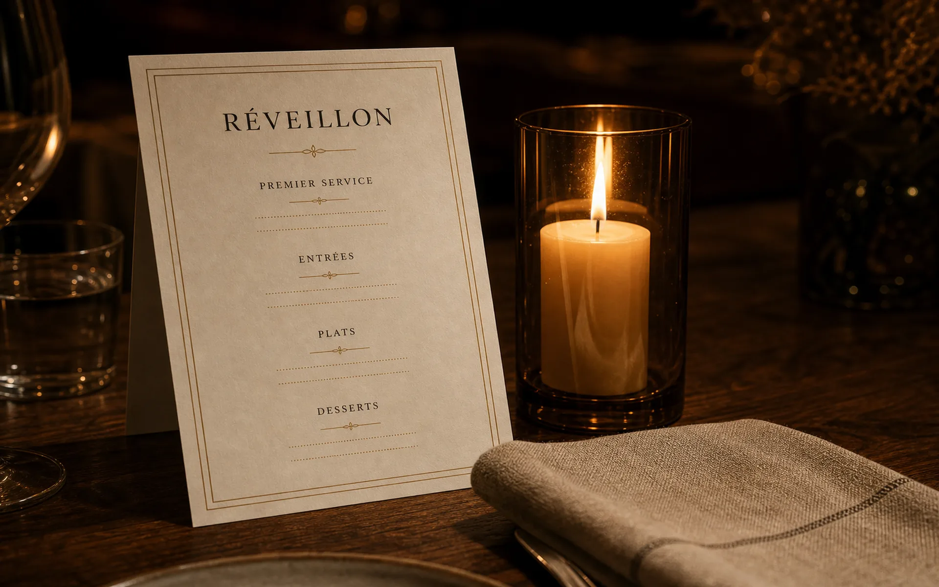 A holiday prix-fixe Réveillon menu printed on cream cardstock, propped against a tall amber-glass taper candle on a dark walnut dining table