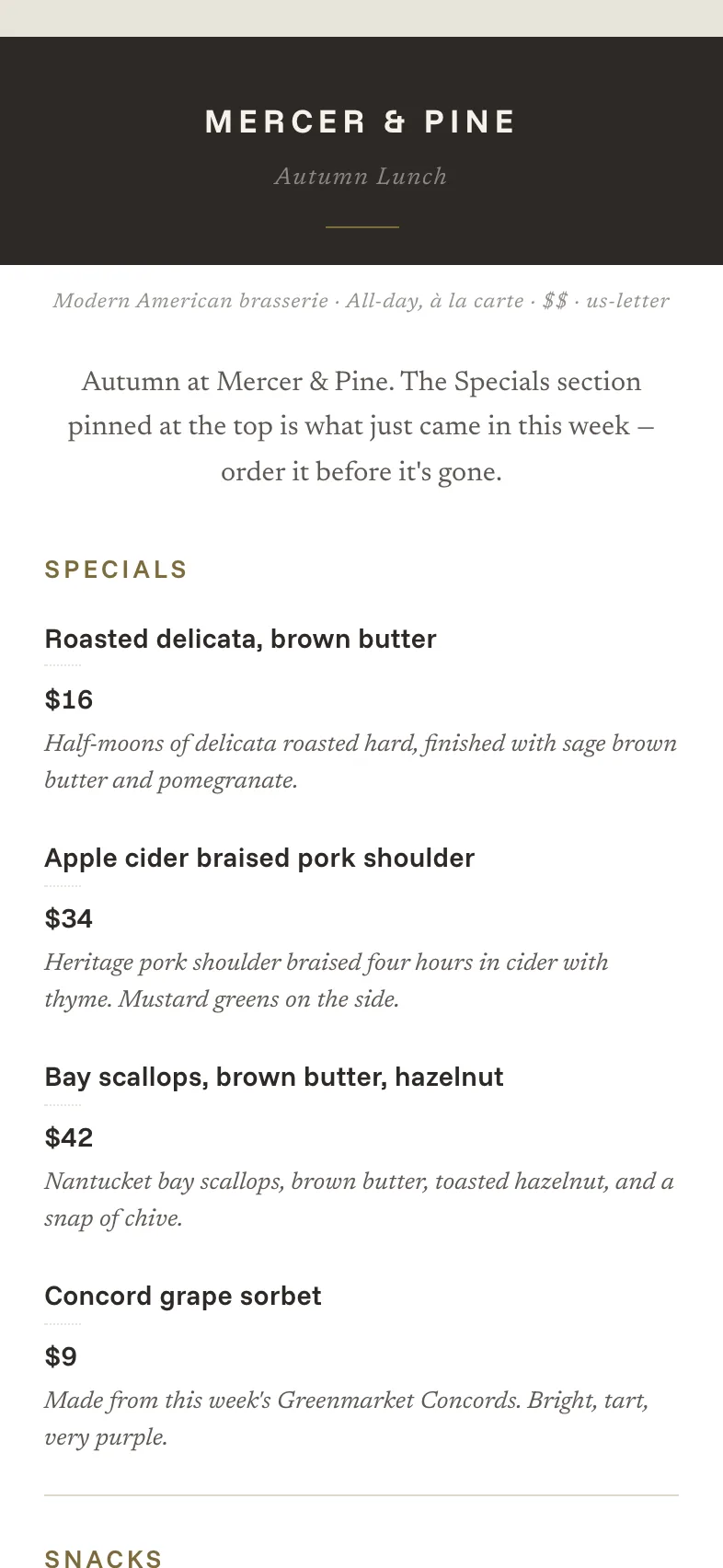 Mercer & Pine — Autumn menu on a phone, with the Specials section pinned at the top